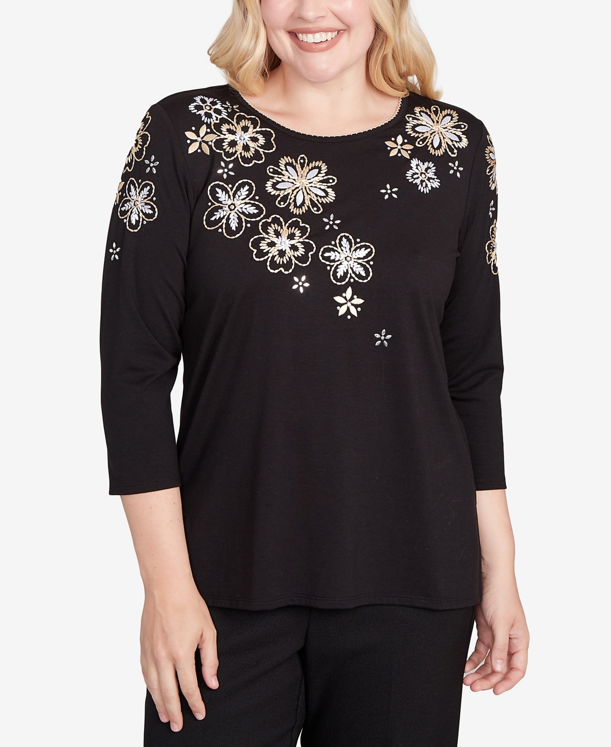 Women's Gold Floral Embroidered Three Quarter Sleeve Top - Black