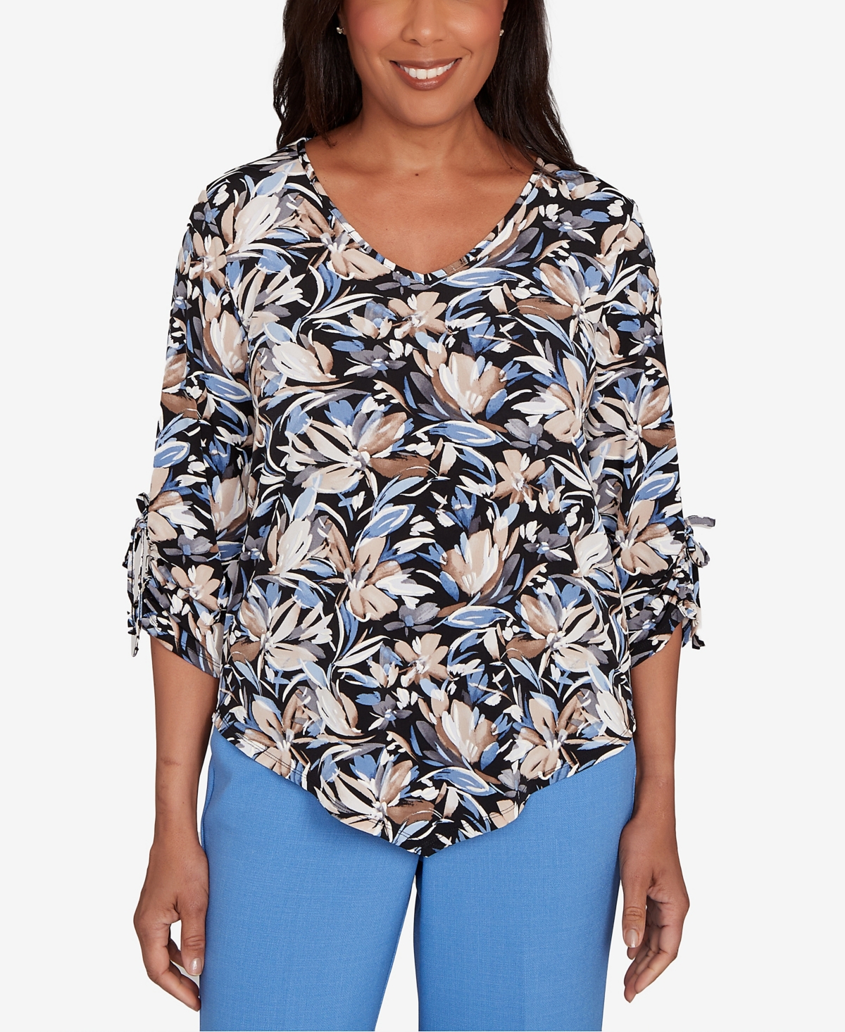 Women's Tie Sleeve Brushstroke Floral Knit Top - Black Multi