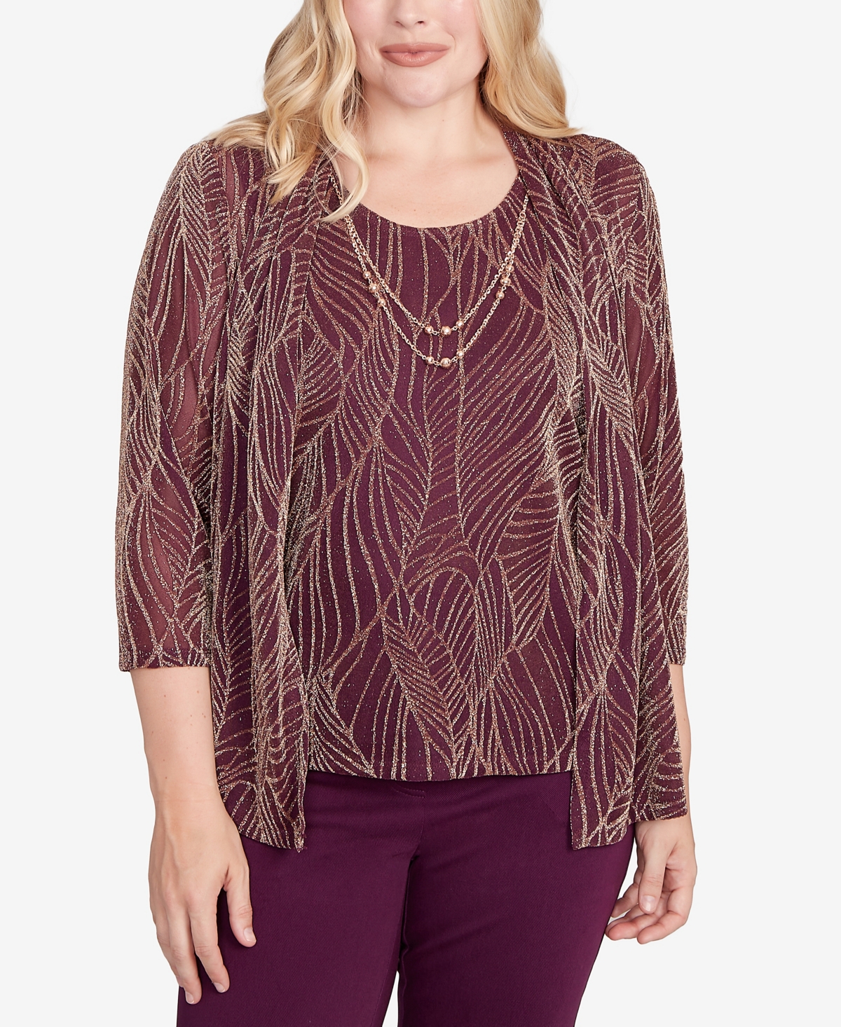 Women's Urban Legend Glitter Leaf Two in One Top with Necklace - Plum