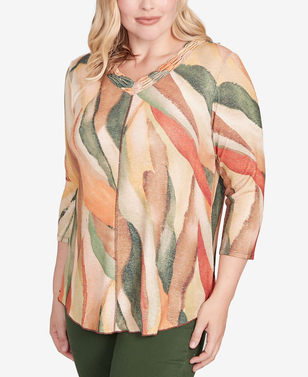 Alfred Dunner Women's Mount Laurel Stained Glass Shimmer V-neck Top In Multi