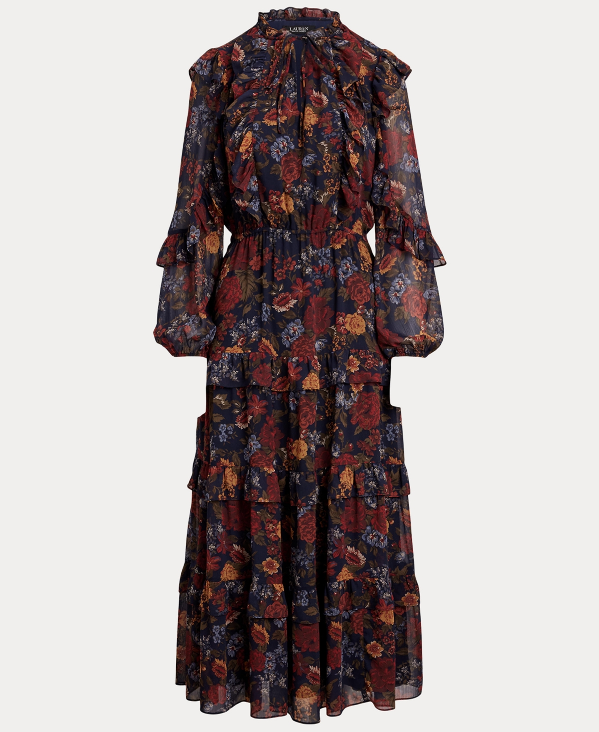 Ralph Lauren Mesh-inset Ruffle Chiffon Long-sleeve Maxi Shirtdress In Multi