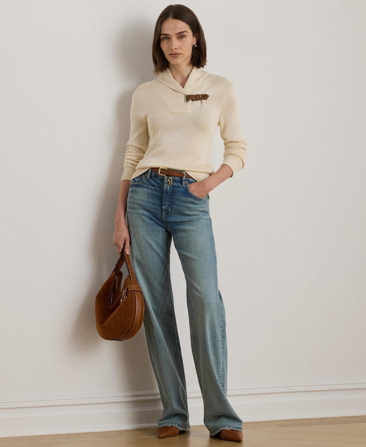 Ralph Lauren Buckle-trim Cotton-blend Sweater In Gold