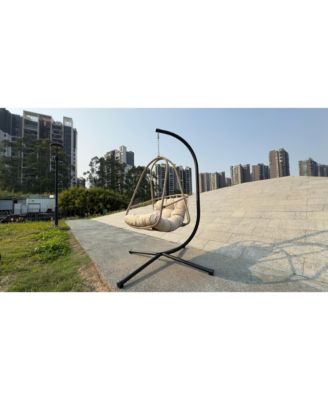 Swing Egg Chair with Stand Indoor Outdoor Wicker Rattan Patio Basket Hanging Chair with C Type bracket , with cushion and pillow,Patio Wicker folding Hanging Chair( Special construction cup holder