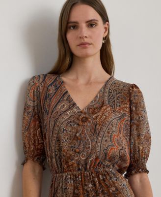 Women's Paisley Belted Crinkle Puffed Sleeve Georgette Dress