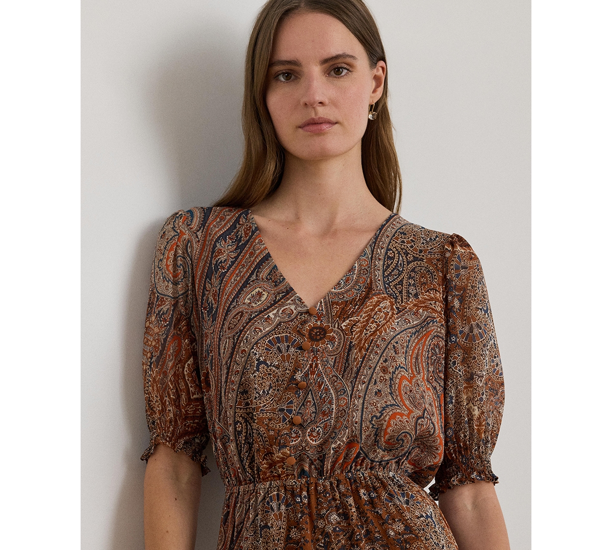 Ralph Lauren Paisley Belted Crinkle Georgette Dress In Brown