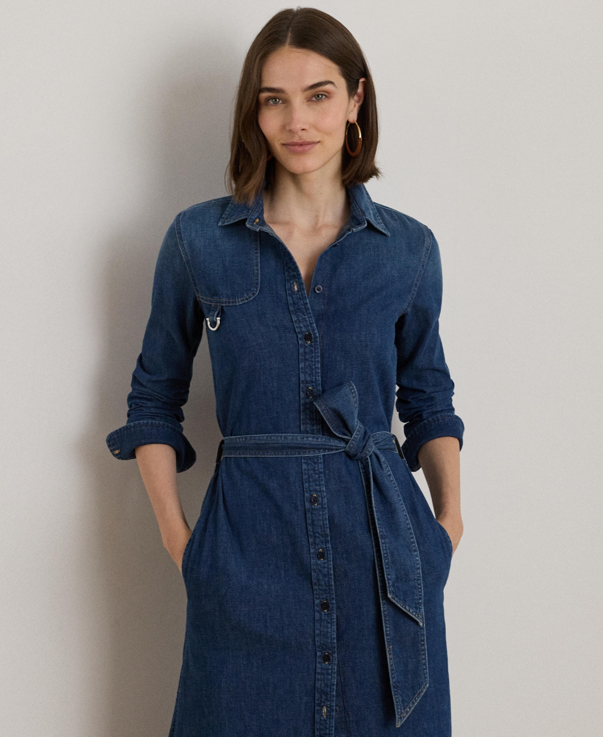 Ralph Lauren Horsebit-trim Belted Denim Shirtdress In Blue
