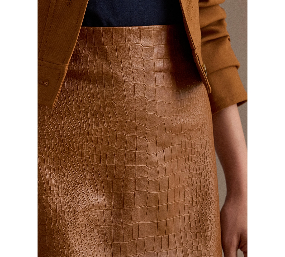 Ralph Lauren Croc-embossed Lambskin Pencil Miniskirt In Brown