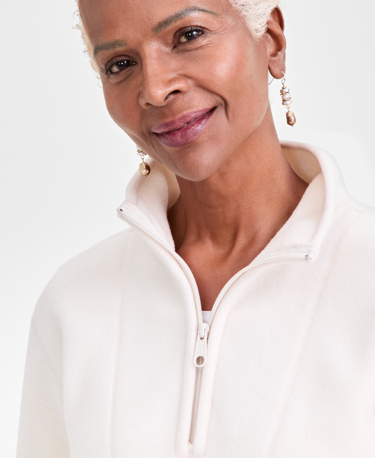 Style & Co Women's Fleece Quarter-zip Mock-neck Sweatshirt, Created For Macy's In White