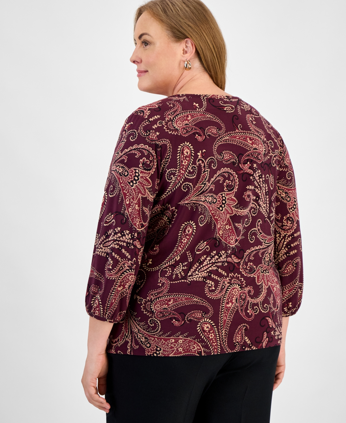 Jones New York Plus Size Paisley Puff-sleeve Crewneck Top In Burgundy