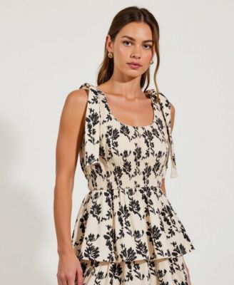 Women's Smocked Tiered Bow-Tie Straps Floral Midi Dress