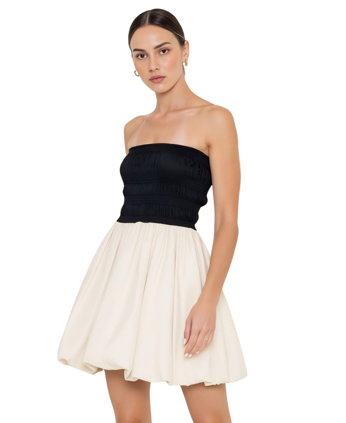 Women's Strapless Smocked Bodice Bubble Hem Mini Dress - Black