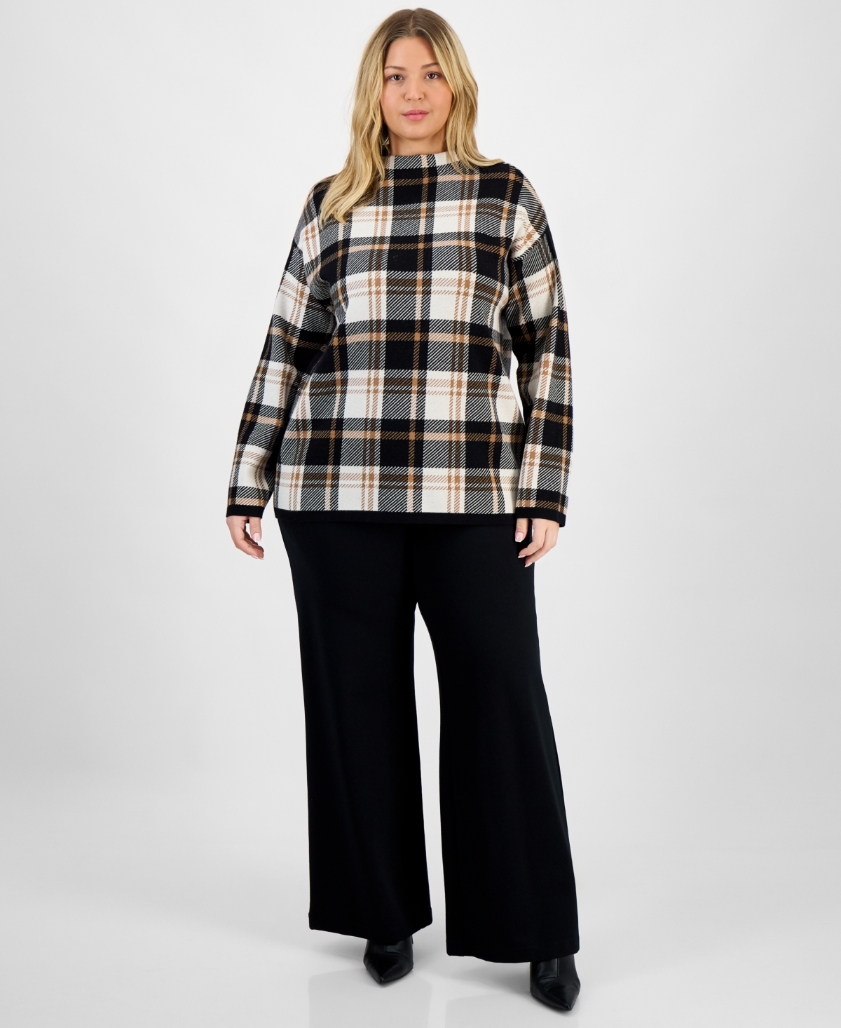 Jones New York Plus Size Plaid Funnel-neck Long-sleeve Top In Black