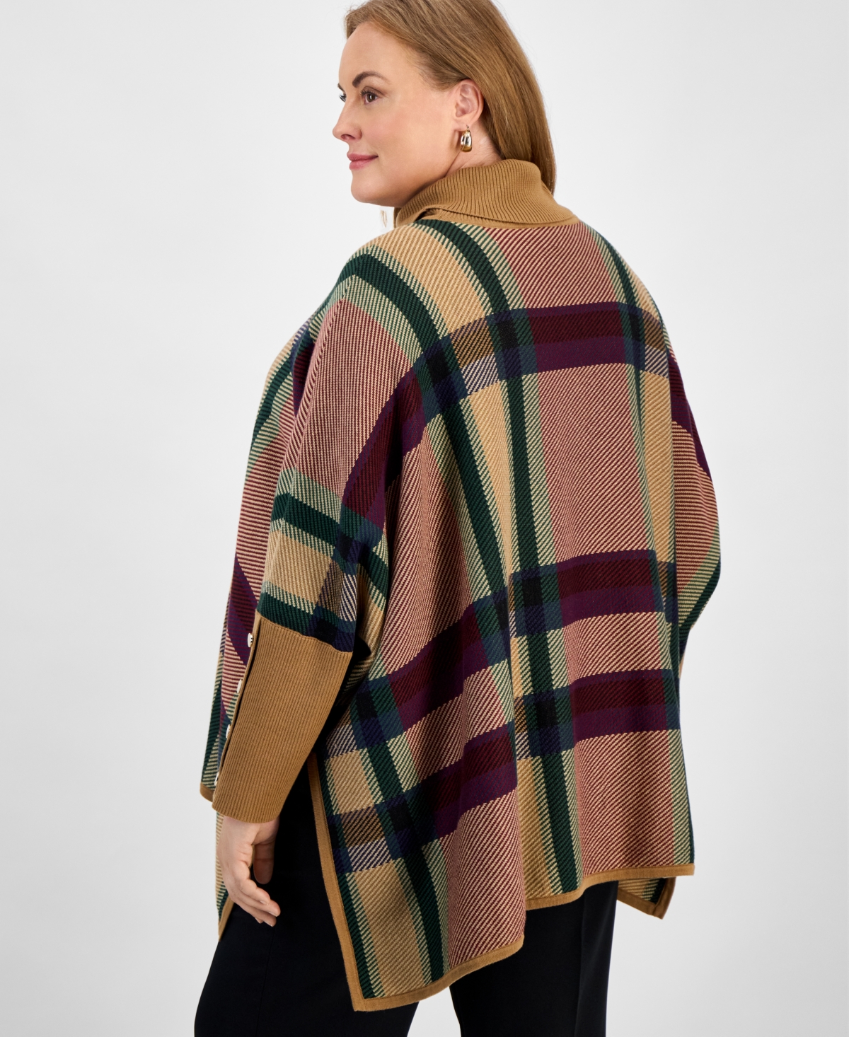 Jones New York Plus Size Plaid Drop-shoulder Button-cuff Sweater In Brown
