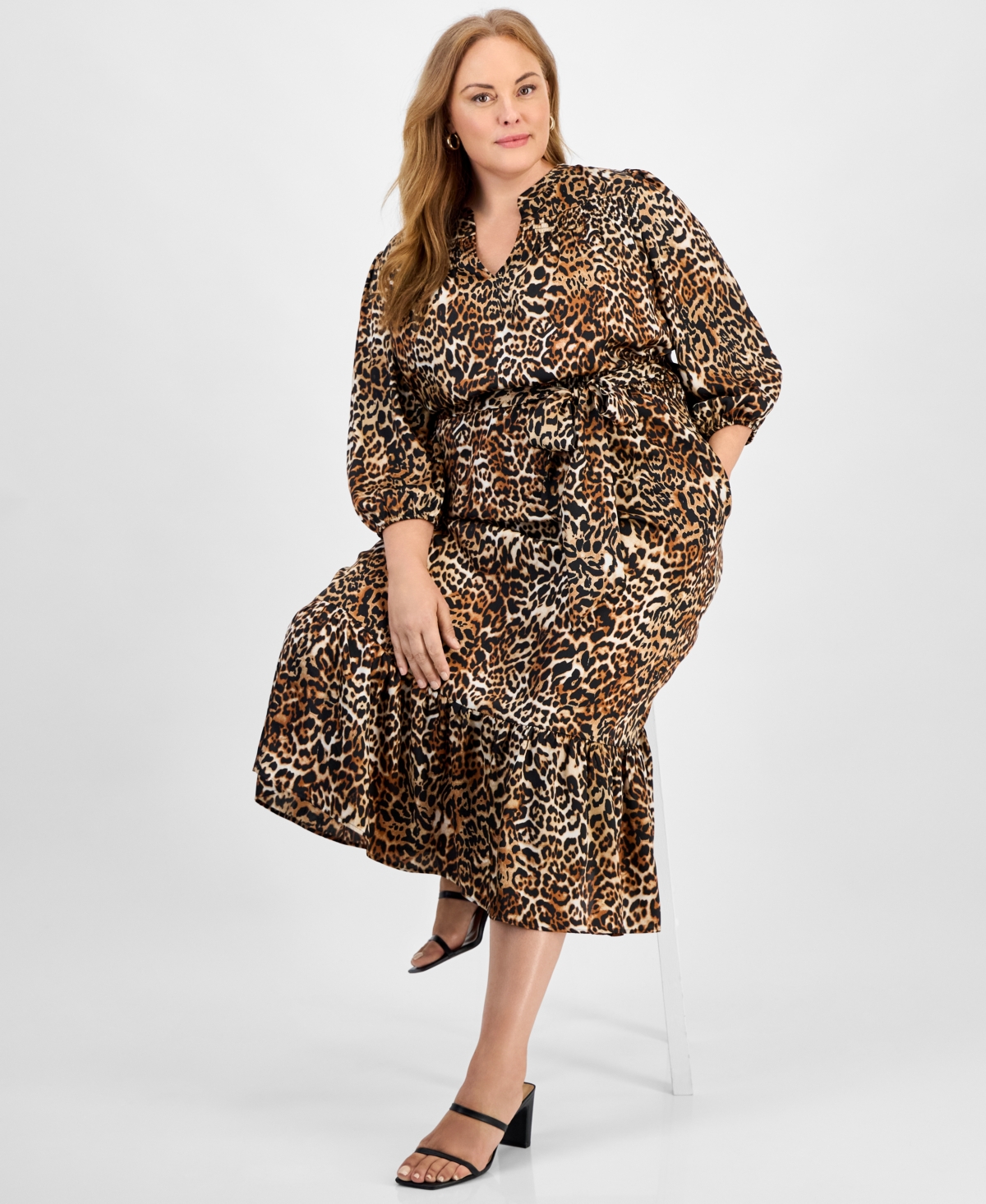 Jones New York Plus Size Printed Elbow-sleeve Dress In Brown