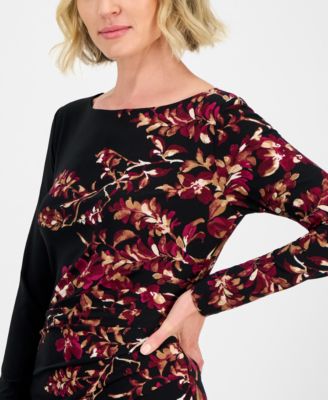 Women's Floral Side-Pleated Long-Sleeve Dress, Regular & Petite