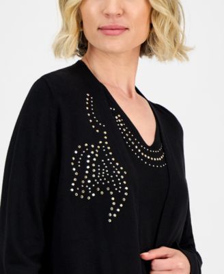 Women's Stud-Embellished Kissing-Front Long-Sleeve Cardigan