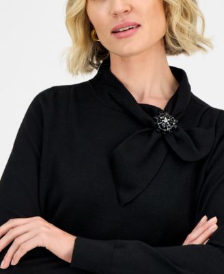Women's Beaded-Brooch Tie-Neck Sweater, Regular & Petite