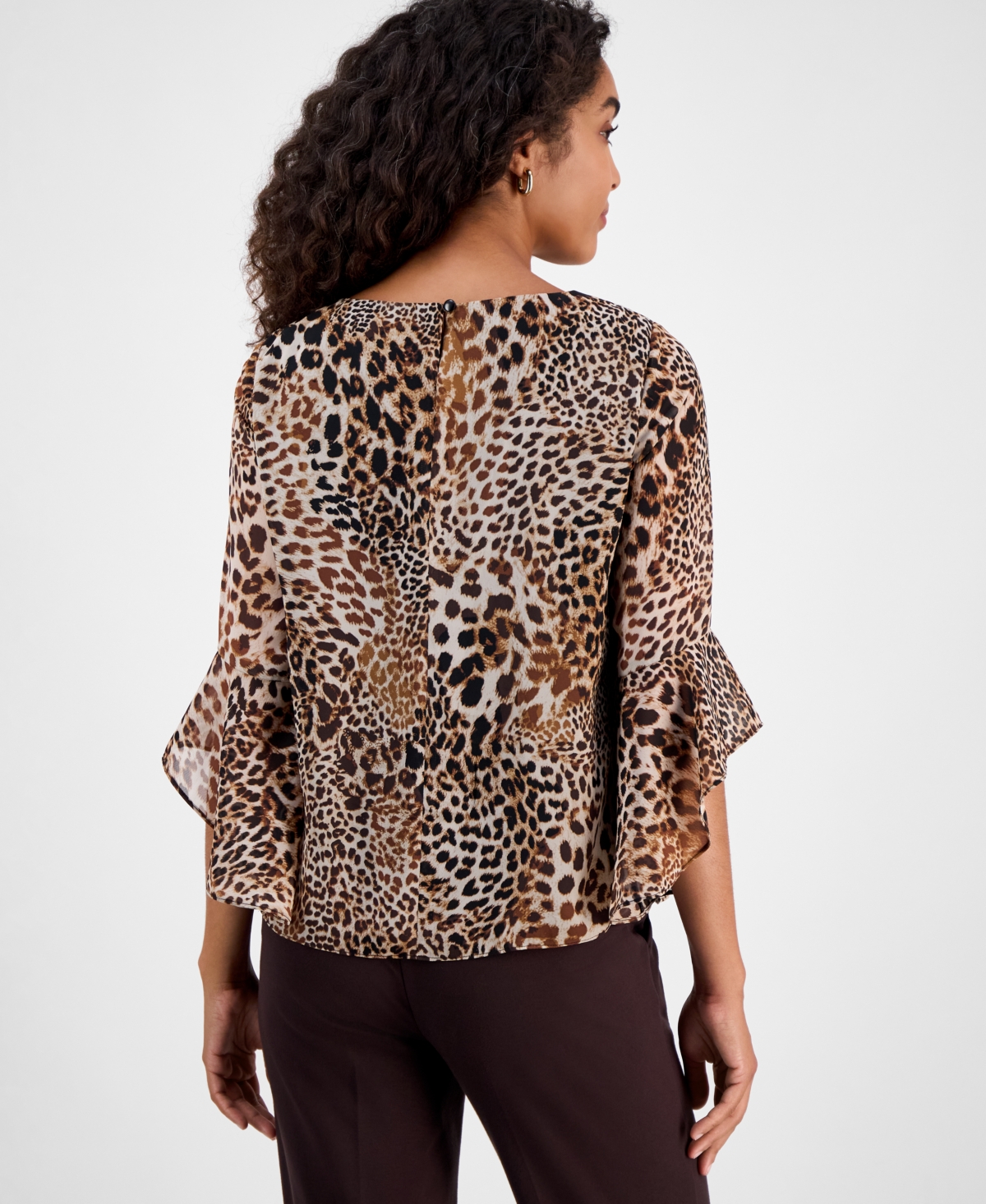 Kasper Women's Printed 3/4 Ruffle-sleeve Blouse In Brown