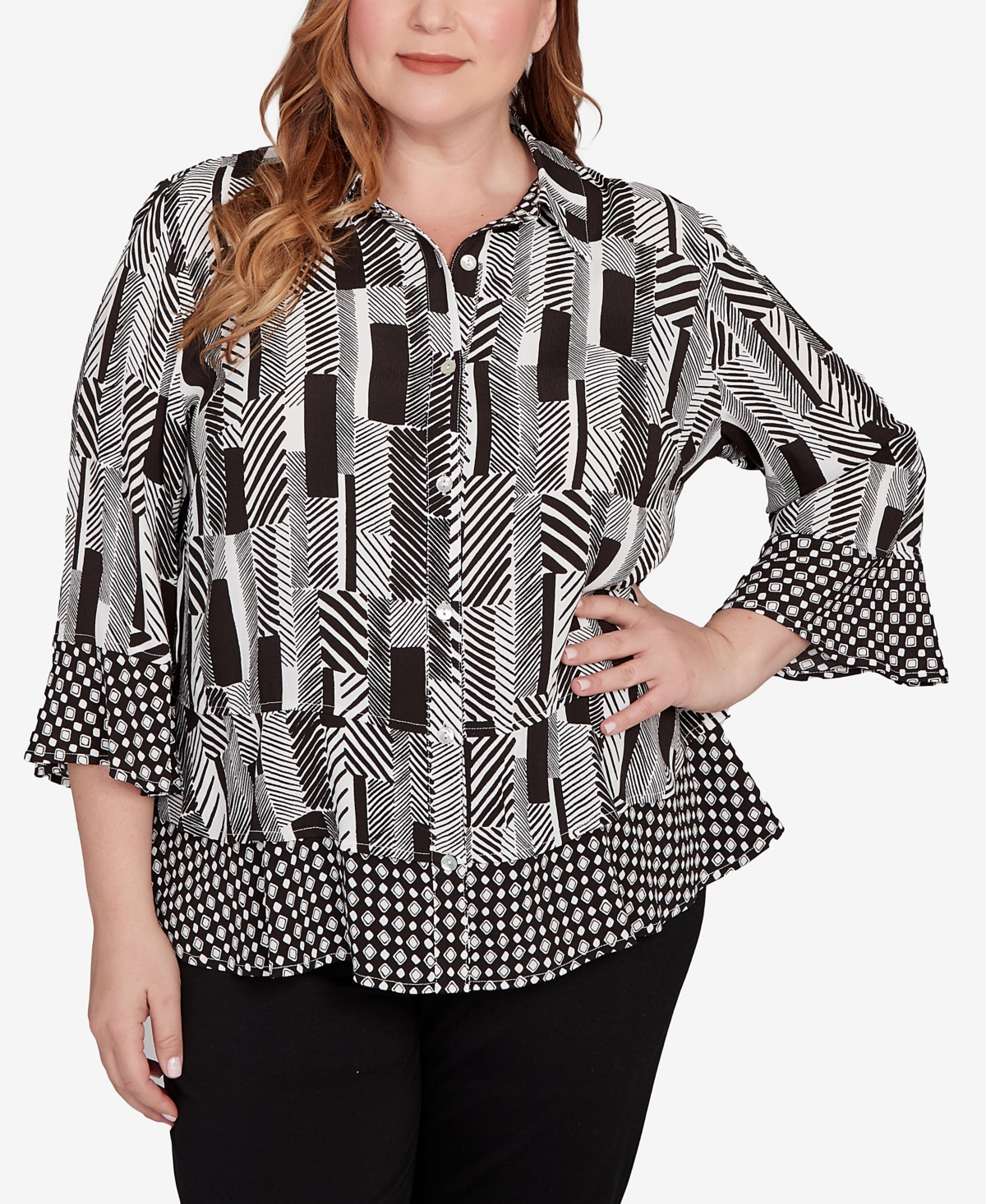Plus Size As Usual Woven Zebra Button Front Top - Black/White