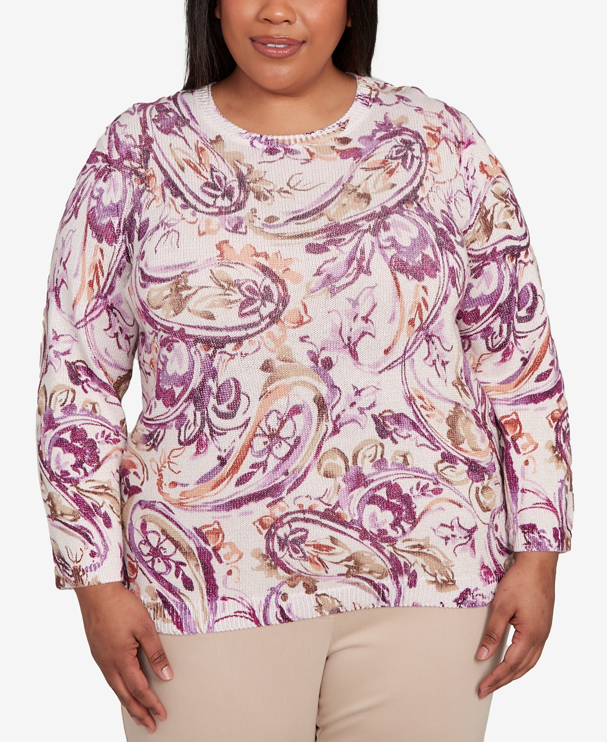 Plus Size Urban Legend Shimmer Paisley Crew Neck Sweater - Ivory Multi