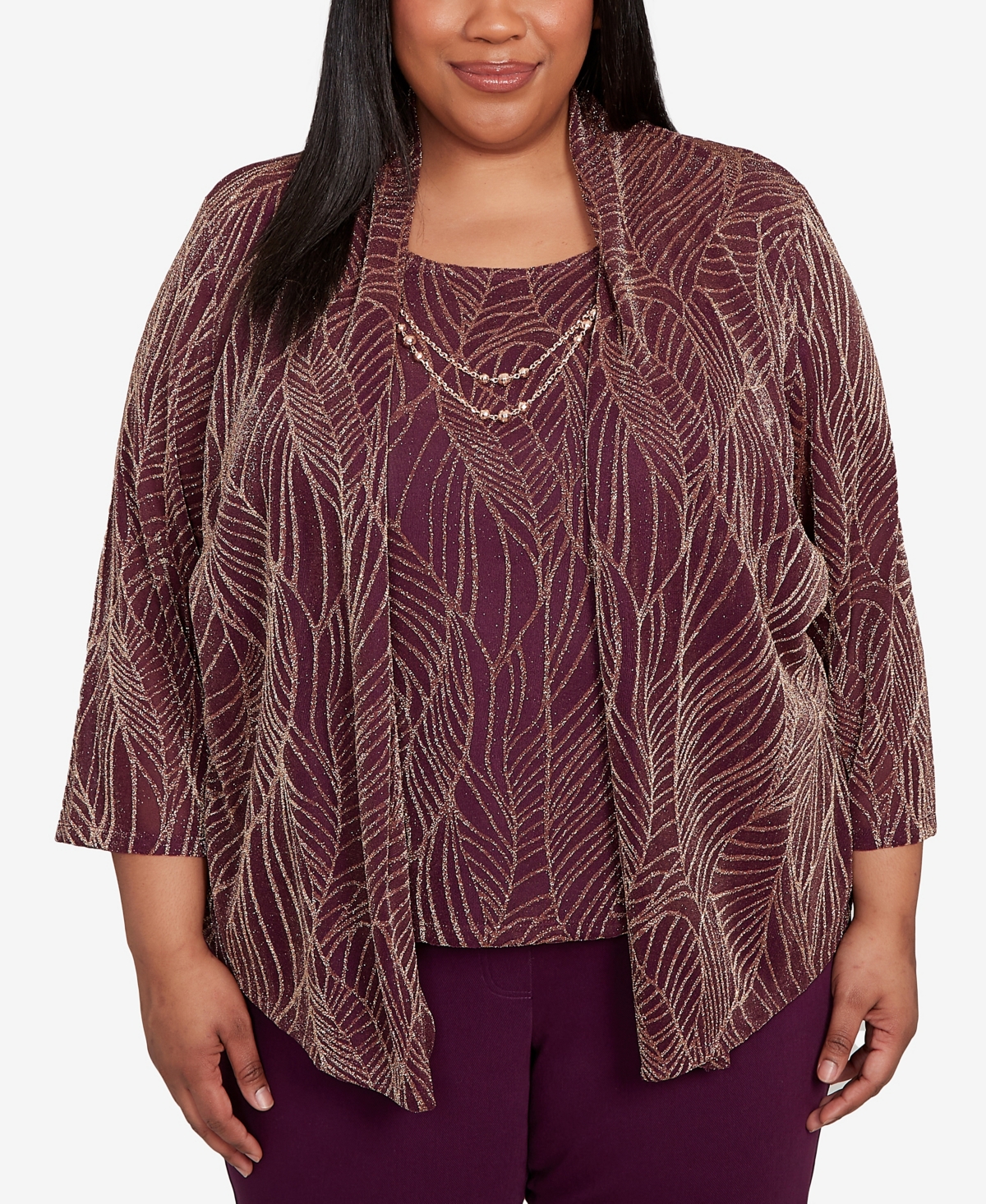 Plus Size Urban Legend Glitter Leaf Two In One Pull On Top with Necklace - Plum