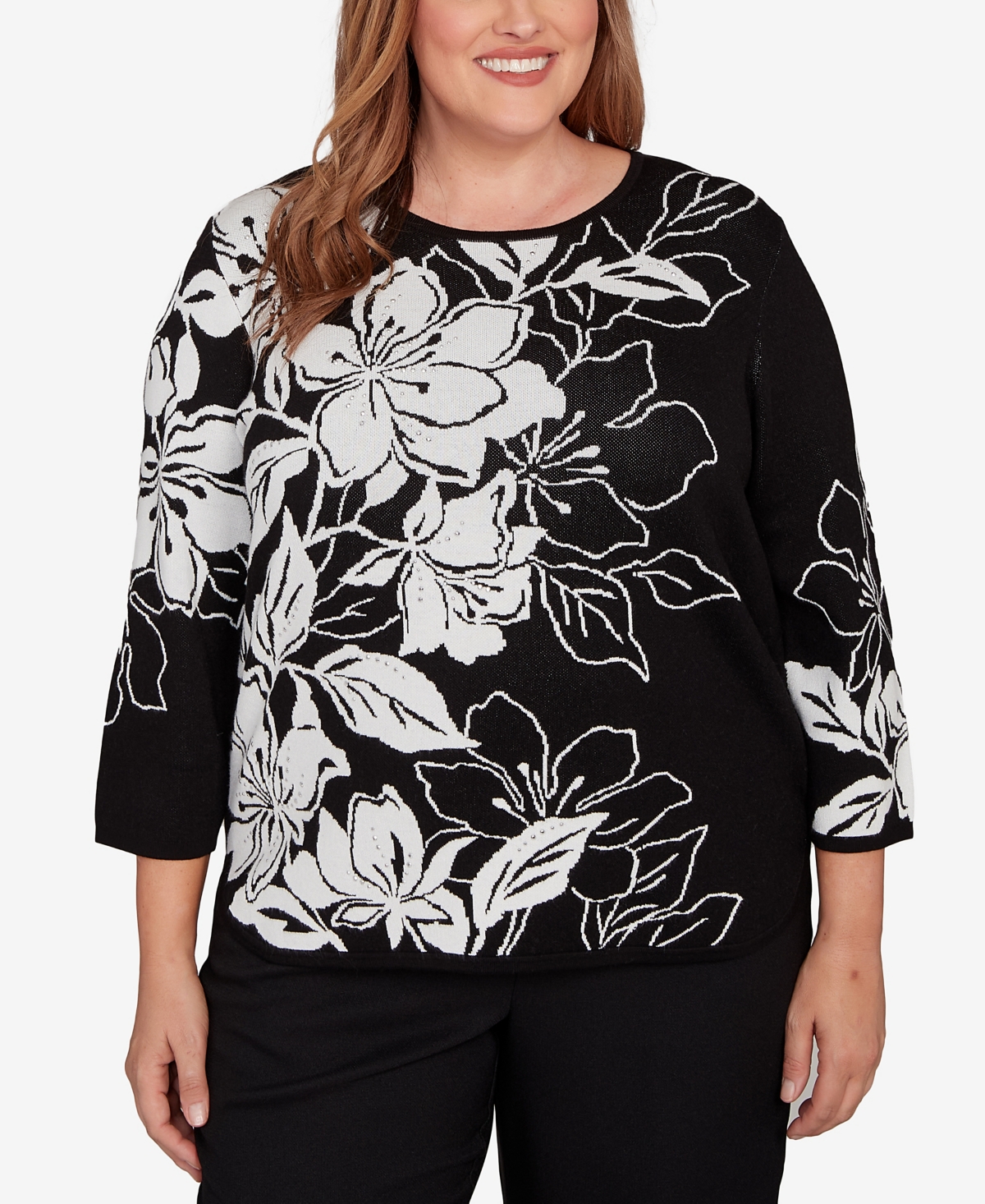 Plus Size As Usual Dramatic Floral Jacquard Sweater - Black/White