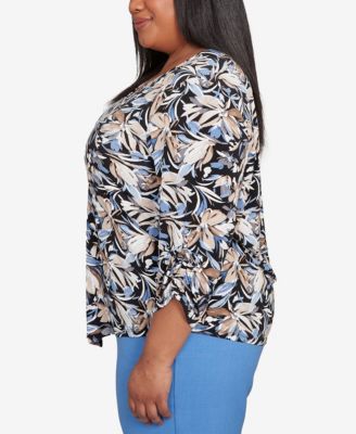 Plus Size As Usual Tie Sleeve Brushstroke Floral Knit Top