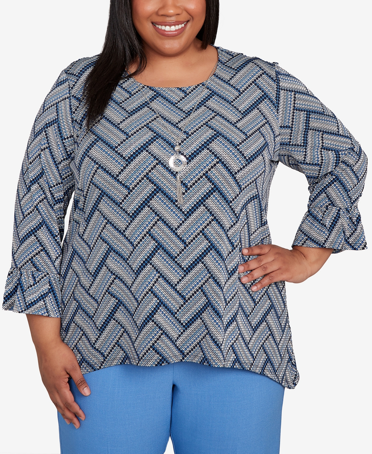 Plus Size As Usual Chevron Textured Knit Top with Necklace - Blue Multi