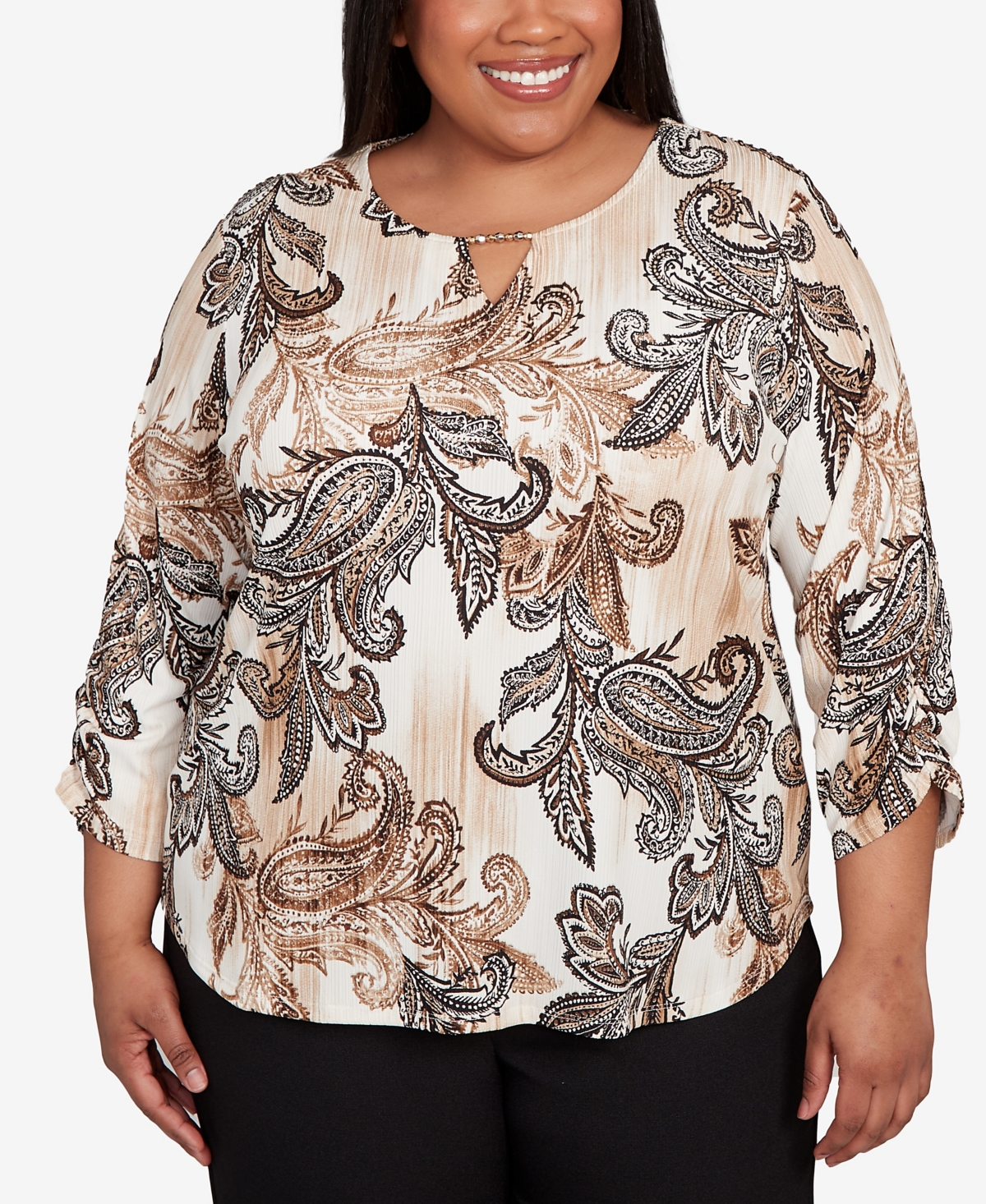 Plus Size Textured Paisley Ruched Sleeve Top - Tan