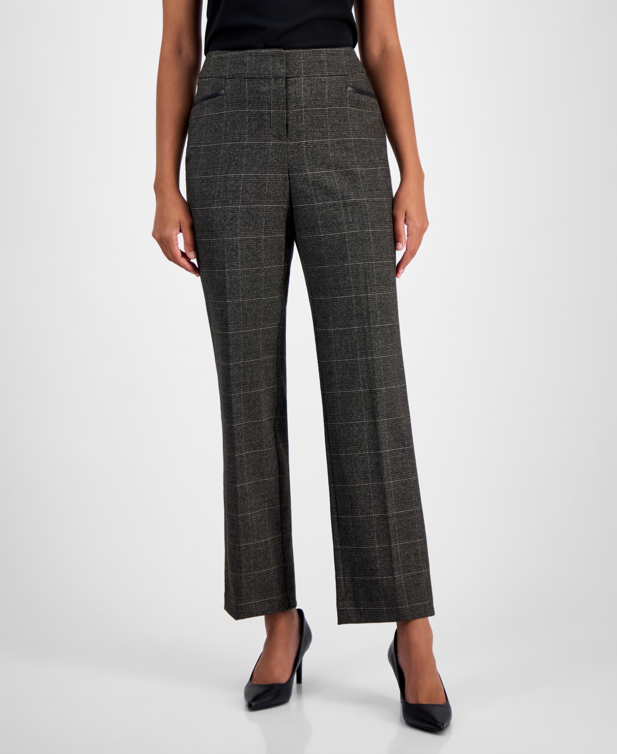 Kasper Plaid Faux-leather Straight-leg Pants, Regular & Petites In Gray