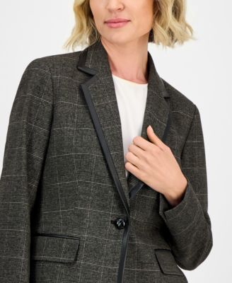 Plaid One-Button Faux-Leather Jacket, Regular & Petites