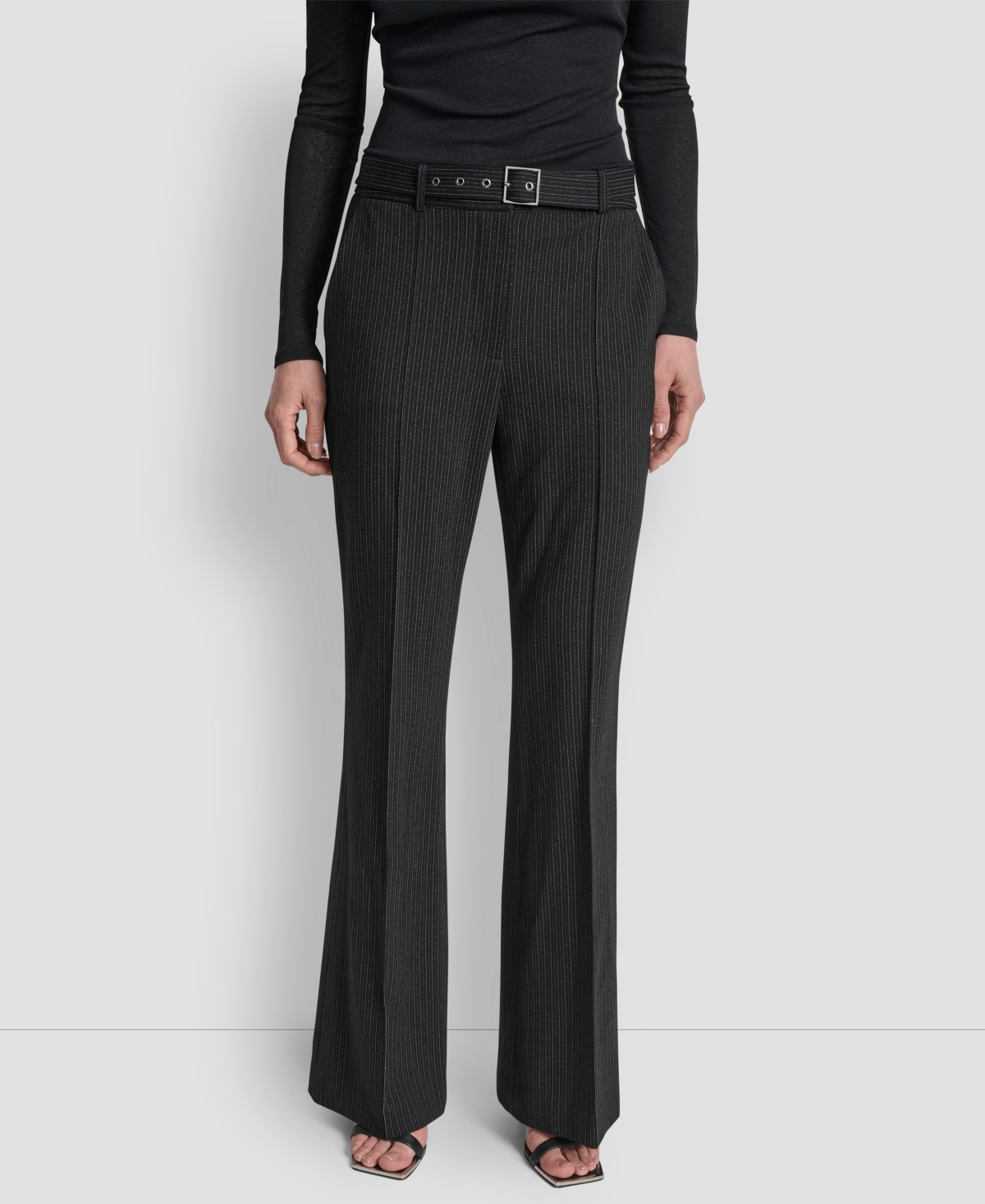 Dkny Women's Elizabeth Stripe Pintuck Mid-rise Flare Trousers In Black