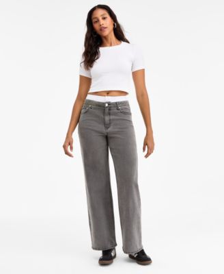 Bar III - Women's Contrast-Waist Wide-Leg Jeans