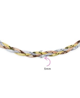 Flat Yellow Rose Gold Overlay Sterling Silver 5MM Twist 3 Tri Tone Herringbone Braided Magic Snake Chain Necklace