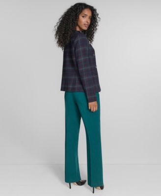 Tommy Hilfiger Womens Windowpane Open Front Band Jacket Ruffled Mixed Media Top Solid Sutton Bootcut Trousers In Multi