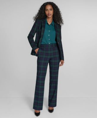 Tommy Hilfiger Womens Watch Plaid Slim Fit Blazer Bootcut Trousers Pleated Long Sleeve Button Down In Green