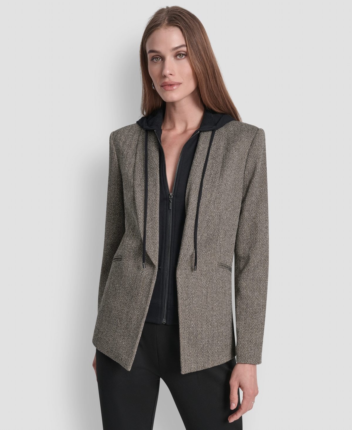 Dkny Women's Herringbone Pattern Blazer With Fleece Hoodie In Gray