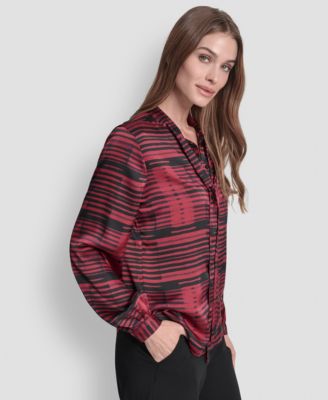 Women's Printed Satin with Covered Placket and Tie Neck Blouse