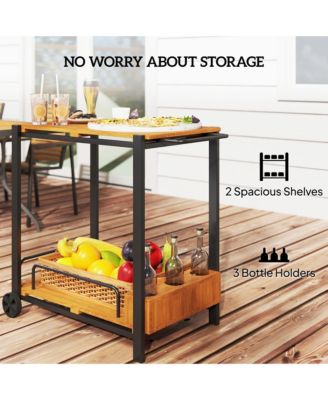 Acacia Wood Outdoor Bar Cart, 2-Tier Outdoor Serving Cart,