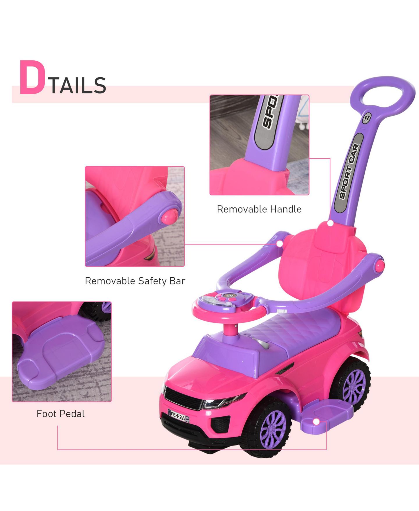 Детская игрушка Aosom 3 in 1 Push Car with Horn and Music Stroller, 55 Lbs., Ages 18-36 Months — фото 5