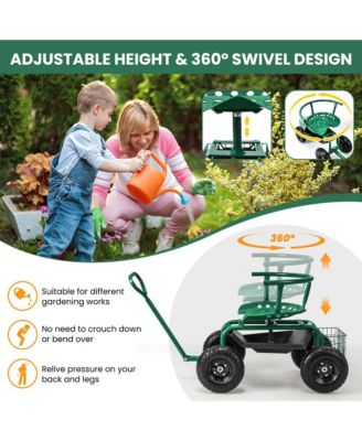 Rolling Garden Cart Height Adjustable Scooter with Swivel Seat & Tool Storage