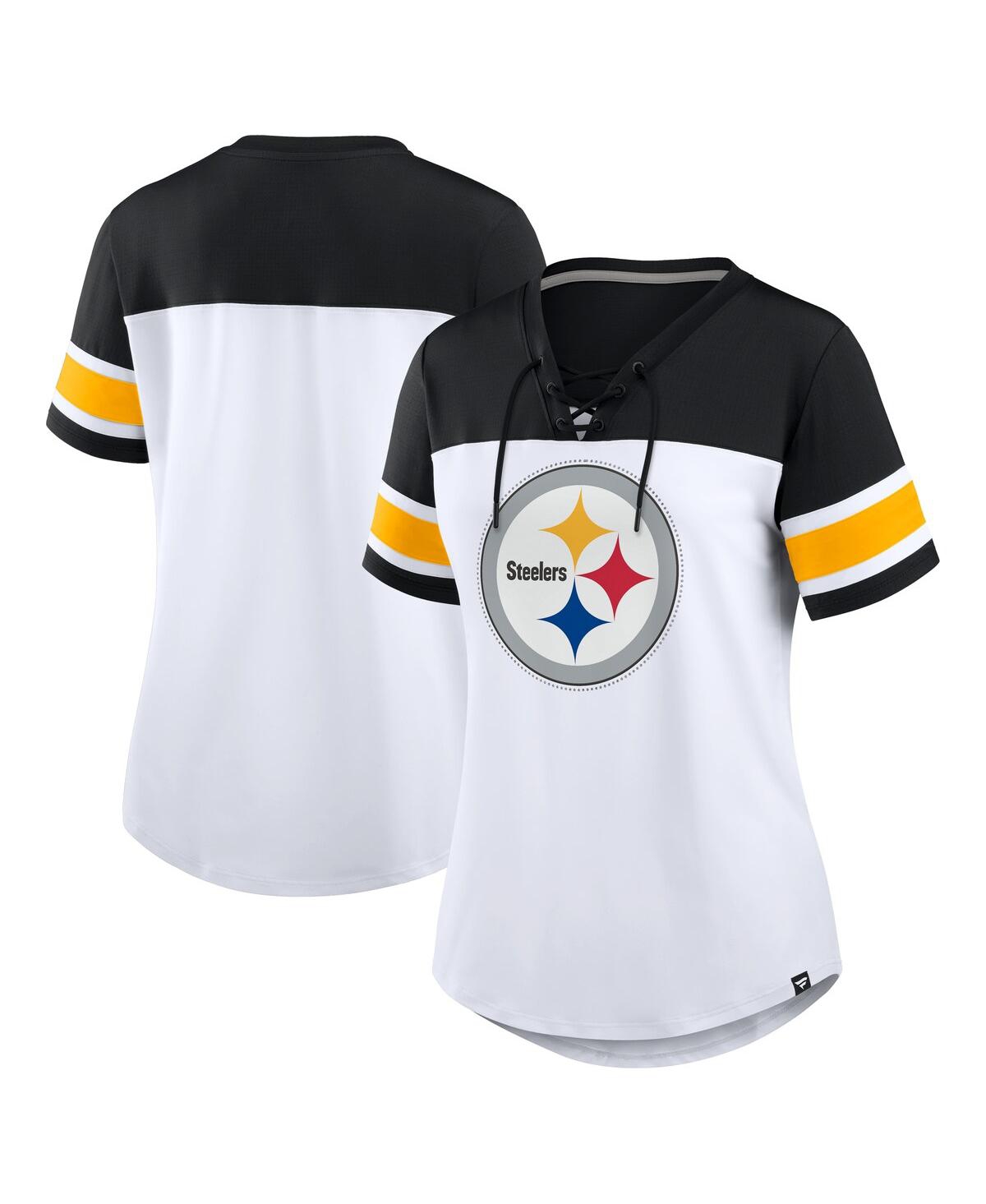 Women's White/Black Pittsburgh Steelers Athena Rhinestone Lace-Up V-Neck T-Shirt - White, Black