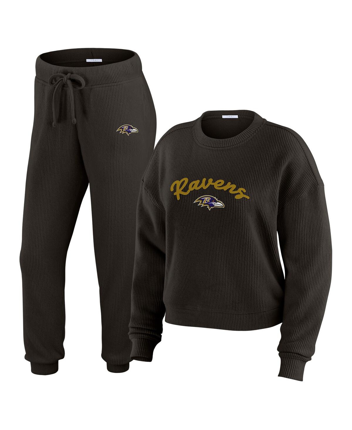 Women's 2-Piece Cream Baltimore Ravens Knitted Tri-Blend Long Sleeve T-Shirt and Pants Lounge Set - Black