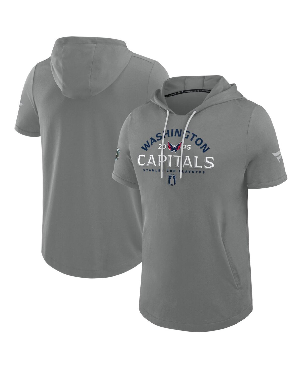Men's Gray Washington Capitals 2025 Stanley Cup Playoffs Authentic Pro Road Performance Short Sleeve Pullover Hoodie - Gray