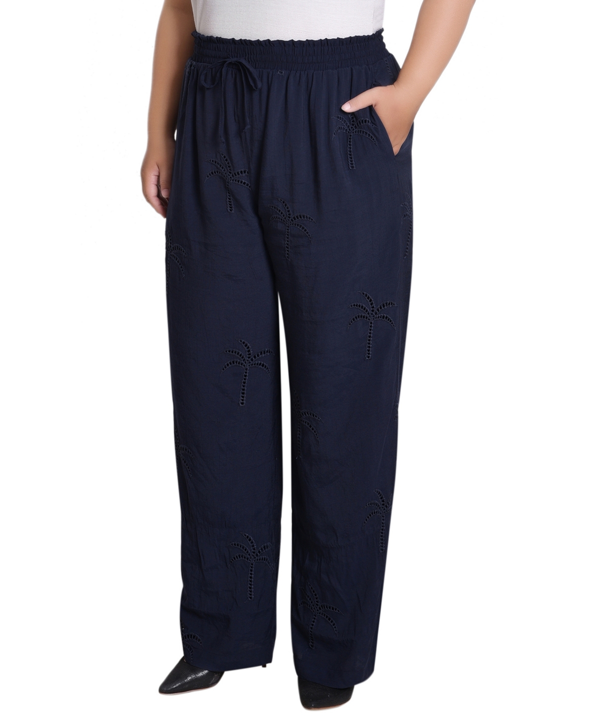 Ny Collection Plus Size Pull On Pants With Embroidery In Blue