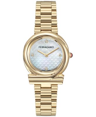 Ferragamo - Women's Swiss Gancini Twisted Diamond Accent Gold Ion Plated Bracelet Watch 32mm