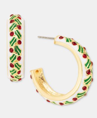 Holiday Lane - Medium Pav&eacute; Mistletoe C-Hoop Earrings, 1.1"