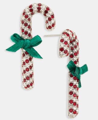 Holiday Lane - Silver-Tone Red & White Crystal Candy Cane Drop Earrings