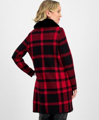 Women's Plaid Faux-Fur-Collar Coatigan