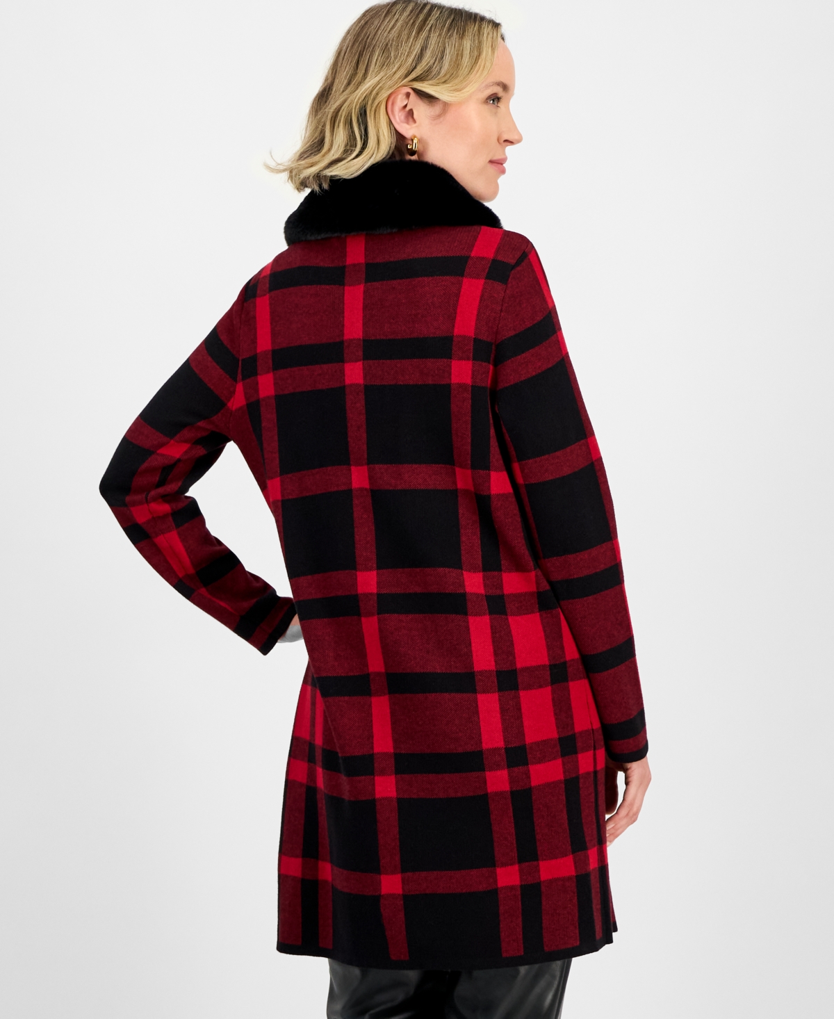 Kasper Women's Plaid Faux-fur-collar Coatigan In Red